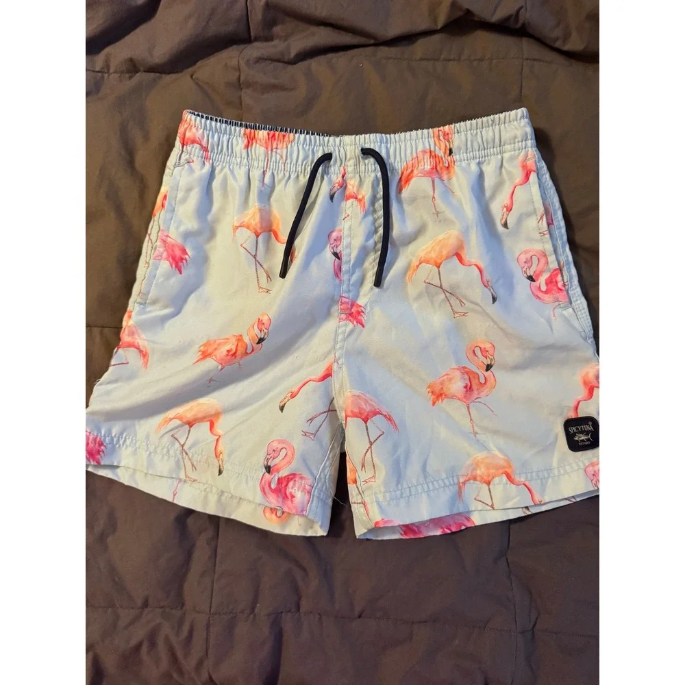 Spicy Tuna Boys Pink Flamingo Swim Trunks Blue Tropical Board Shorts Size 14